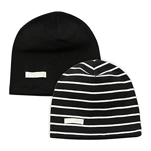 LACOFIA Baby Jungen Beanie Mütze Kinder Weiche Baumwolle Strickmützen Kleinkind Gestreift Hut 2 Stücke Schwarz M/7-24 Monate von LACOFIA