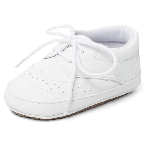 LACOFIA Baby Jungen Lauflernschuhe rutschfeste Babyanzug Schuhe Baby Taufschuhe Krabbelschuhe Weiß 6-12 Monate von LACOFIA