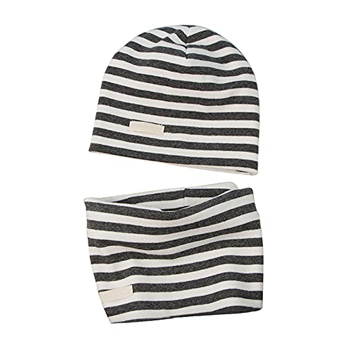 LACOFIA Baby Jungen Mädchen Beanie Mütze und Loop Schal Set Kinder Weiche 100% Baumwolle Strickmützen Kleinkind Hut und Kragen Schals Dunkelgrauer Streifen 3-7 Jahre von LACOFIA