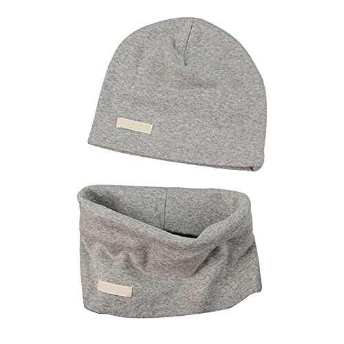 LACOFIA Baby Jungen Mädchen Beanie Mütze und Loop Schal Set Kinder Weiche 100% Baumwolle Strickmützen Kleinkind Hut und Kragen Schals Hellgrau 0-6 Monate von LACOFIA