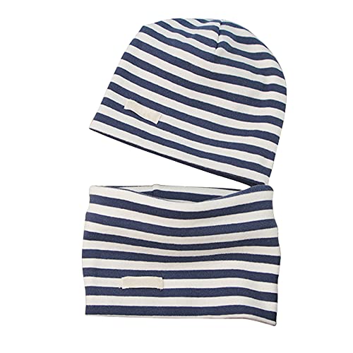 LACOFIA Baby Jungen Mädchen Beanie Mütze und Loop Schal Set Kinder Weiche 100% Baumwolle Strickmützen Kleinkind Hut und Kragen Schals Marineblauer Streifen 3-7 Jahre von LACOFIA