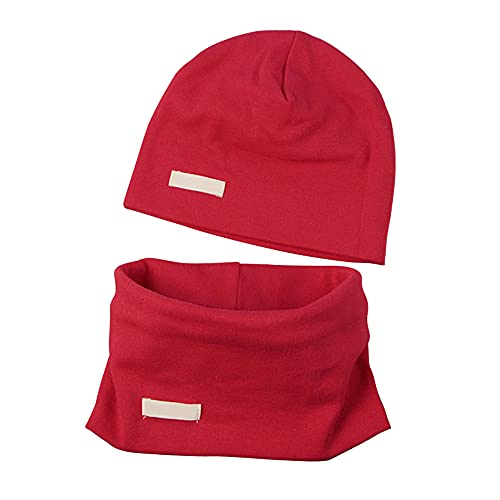 LACOFIA Baby Jungen Mädchen Beanie Mütze und Loop Schal Set Kinder Weiche 100% Baumwolle Strickmützen Kleinkind Hut und Kragen Schals Rot 3-7 Jahre von LACOFIA