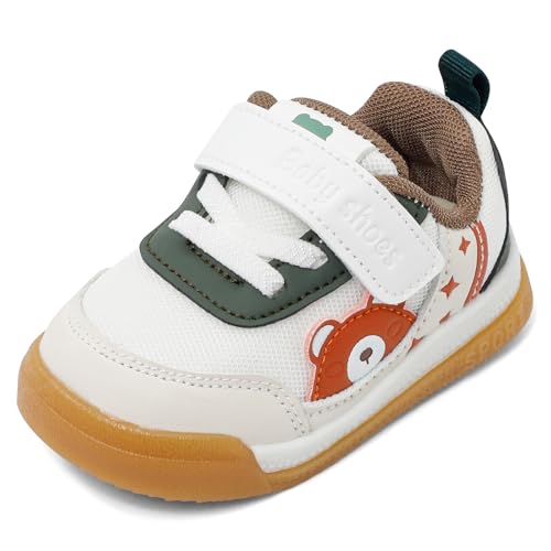 LACOFIA Baby Jungen Mädchen Lauflernschuhe Erste Babyschuhe rutschfeste Gummisohle Kleinkind Atmungsaktiv Sneaker Weiß 23 EU(Etikett 21) von LACOFIA