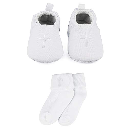 LACOFIA Baby Jungen Mädchen rutschfest Weiche Sohle Weiß Taufe Schuhe mit Bestickten Cross Socken 3-6 Monate von LACOFIA