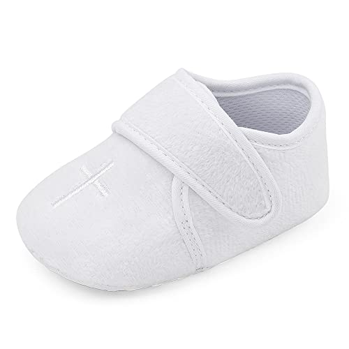 LACOFIA Baby Jungen Mädchen Taufschuhe Klettverschluss Babyschuhe Zeremonie Weiche Sohle Krabbelschuhe Weiß 0-3 Monate von LACOFIA