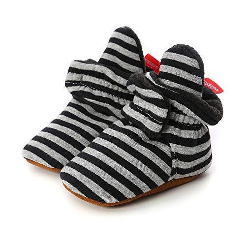 LACOFIA Baby Jungen Mädchen rutschfest Weiche Sohle Slipper Stiefel Baby Winter Krabbelschuhe Schwarze Streifen 6-12 Monate von LACOFIA