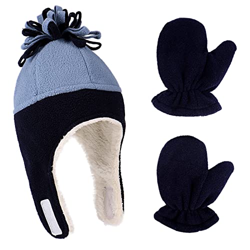 LACOFIA Baby Jungen Winter Warmes Vlies Mütze Sherpa Gefütterte Kappen Kleinkind Ohrenklappe Pilotenhut und Fäustling Set Marineblau/Blau 1-3 Jahre von LACOFIA