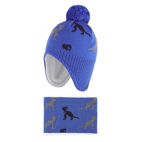 LACOFIA Baby Jungen Wintermütze und Loop Schal Set Kleinkind Winter Warme Earflap Beanie Hut Kinder Fleece Futter Strickmützen und Schlauchschal Set Dinosaurier Blau 2-4 Jahre L von LACOFIA