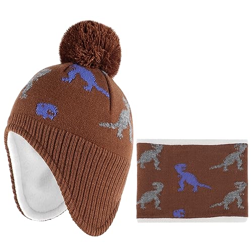 LACOFIA Baby Jungen Wintermütze und Loop Schal Set Kleinkind Winter Warme Earflap Beanie Hut Kinder Fleece Futter Strickmützen und Schlauchschal Set Dinosaurier Braun 2-4 Jahre L von LACOFIA