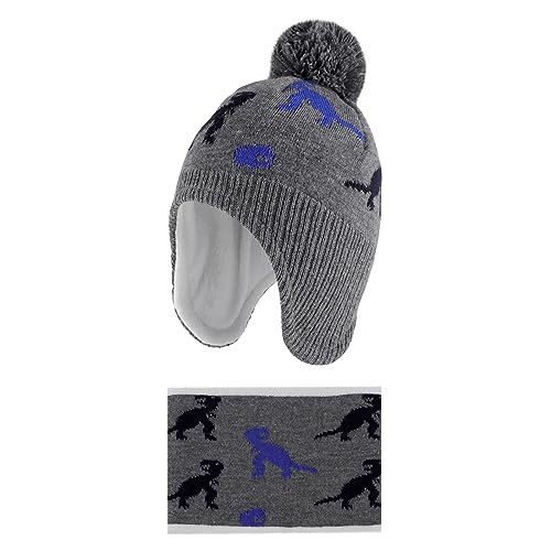 LACOFIA Baby Jungen Wintermütze und Loop Schal Set Kleinkind Winter Warme Earflap Beanie Hut Kinder Fleece Futter Strickmützen und Schlauchschal Set Dinosaurier Grau 1-2 Jahre M von LACOFIA
