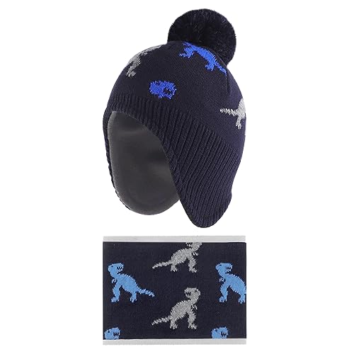 LACOFIA Baby Jungen Wintermütze und Loop Schal Set Kleinkind Winter Warme Earflap Beanie Hut Kinder Fleece Futter Strickmützen und Schlauchschal Set Dinosaurier Marineblau 1-2 Jahre M von LACOFIA