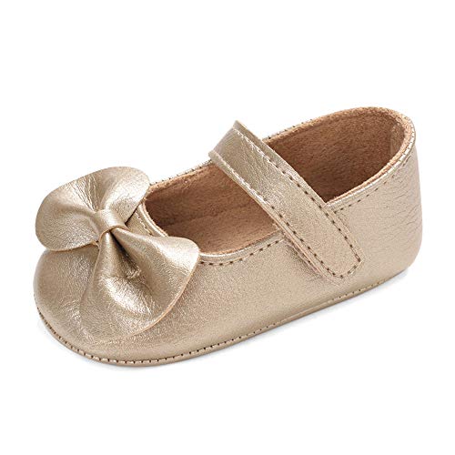 LACOFIA Baby Krabbelschuhe Kleinkind Mädchen rutschfest Bowknot Prinzessin Mary Jane Schuhe Golden 3-6 Monate ( Hersteller Größe: 1) von LACOFIA
