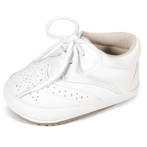 LACOFIA Baby Lauflernschuhe Jungen rutschfeste Babyanzug Schuhe Baby Taufschuhe Krabbelschuhe Weiß 12-18 Monate von LACOFIA