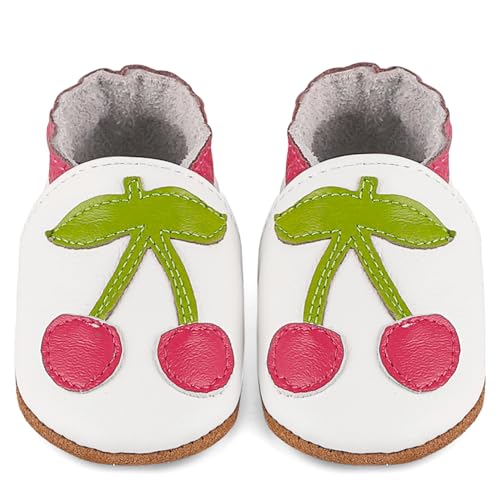 LACOFIA Baby Mädchen Hausschuhe Leder Krabbelschuhe rutschfeste Weiche Sohle Baby Lederschuhe Lauflernschuhe Kirsche Weiß 18-24 Monate von LACOFIA