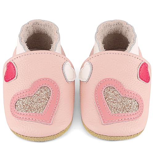 LACOFIA Baby Mädchen Hausschuhe Leder Krabbelschuhe rutschfeste Weiche Sohle Baby Lederschuhe Lauflernschuhe Rosa 0-6 Monate von LACOFIA