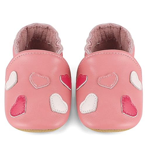 LACOFIA Baby Mädchen Hausschuhe Leder Krabbelschuhe rutschfeste Weiche Sohle Baby Lederschuhe Lauflernschuhe Rosa Herz 0-6 Monate von LACOFIA