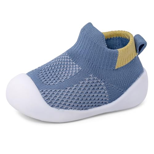 LACOFIA Baby Mädchen Jungen Krabbelschuhe Atmungsaktive Lauflernschuhe mit rutschfeste Gummisohle Weiche Kleinkind Sockenschuhe Blau 6-9 Monate von LACOFIA