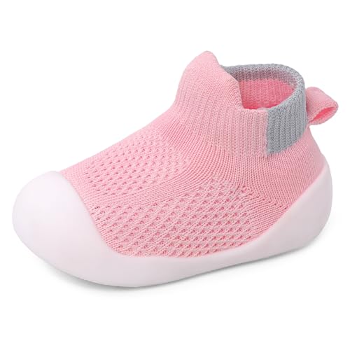 LACOFIA Baby Mädchen Jungen Krabbelschuhe Atmungsaktive Lauflernschuhe mit rutschfeste Gummisohle Weiche Kleinkind Sockenschuhe Rosa 12-18 Monate von LACOFIA