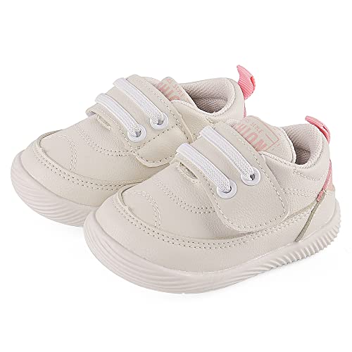 LACOFIA Baby Mädchen Lauflernschuhe rutschfeste Gummisohle Erste Sneaker Krabbelschuhe Weiß/Rosa 17(Herstellergröße:15) von LACOFIA