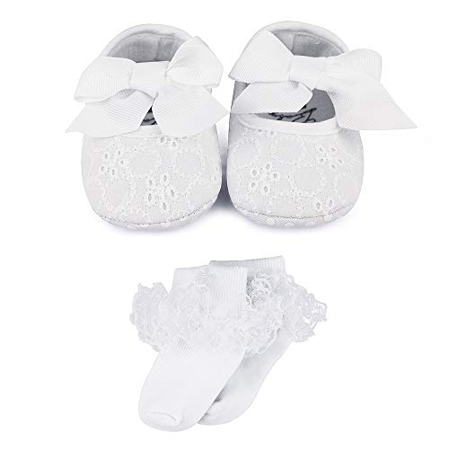 LACOFIA Baby Mädchen rutschfest Weiche Sohle Bowknot weiß Taufe Schuhe mit Bestickten Kreuz Taufe Socken 0-3 Monate von LACOFIA