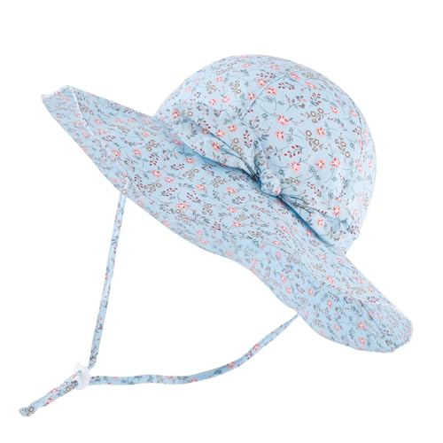 LACOFIA Baby Mädchen Sonnenhut UPF 50+ UV Schutz Kleinkind Sommer Baumwolle Mütze Strandhut Visierkappe mit Verstellbarem Kinnriemen Hellblaue Blumen 2-5 Jahre von LACOFIA