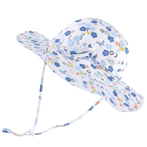 LACOFIA Baby Mädchen Sonnenhut UPF 50+ UV Schutz Kleinkind Sommer Baumwolle Mütze Strandhut Visierkappe mit Verstellbarem Kinnriemen Weiße Blumen 2-5 Jahre von LACOFIA