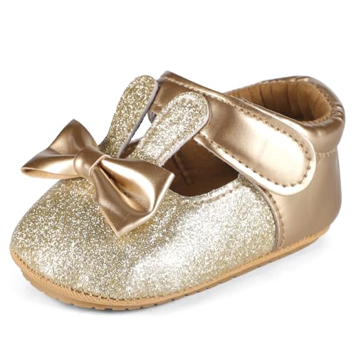 LACOFIA Baby Mädchen Taufschuhe Babyschuhe rutschfest Baby Lauflernschuhe Gold 6-12 Monate von LACOFIA