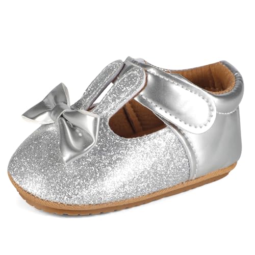 LACOFIA Baby Mädchen Taufschuhe Babyschuhe rutschfest Baby Lauflernschuhe Silber 6-12 Monate von LACOFIA