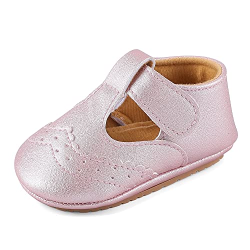 LACOFIA Baby Mädchen Taufschuhe Babyschuhe rutschfest Prinzessin Baby Klettverschluss Lauflernschuhe Rosa 6-9 Monate von LACOFIA