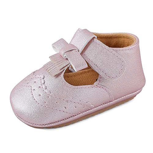 LACOFIA Baby Mädchen Taufschuhe Babyschuhe rutschfest Prinzessin T-Spange Baby Klettverschluss Lauflernschuhe Rosa 12-15 Monate von LACOFIA