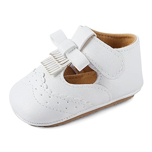 LACOFIA Baby Mädchen Taufschuhe Babyschuhe rutschfest Prinzessin T-Spange Baby Klettverschluss Lauflernschuhe Weiß 12-15 Monate von LACOFIA