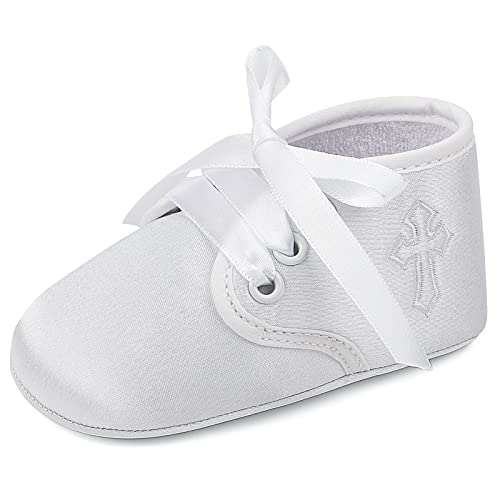 LACOFIA Baby Mädchen Taufschuhe Schnürsenkel Babyschuhe Zeremonie Weiche Sohle Krabbelschuhe Weiß 0-3 Monate von LACOFIA