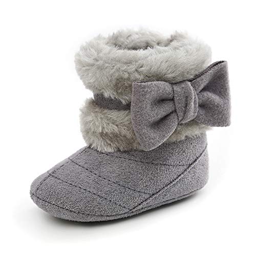 LACOFIA Baby Mädchen Weicher Sohle Winterstiefel Kleinkind Wärme Fleece Bowknot Hausschuhe Krabbelschuhe Grau 12-18 Monate von LACOFIA