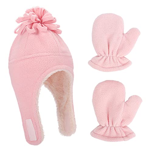LACOFIA Baby Mädchen Winter Warmes Vlies Mütze Sherpa Gefütterte Kappen Kleinkind Ohrenklappe Pilotenhut und Fäustling Set Rosa 1-3 Jahre von LACOFIA
