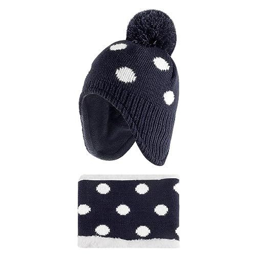 LACOFIA Baby Mädchen Wintermütze und Loop Schal Set Kleinkind Winter Warme Earflap Beanie Hut Kinder Fleece Futter Strickmützen und Schlauchschal Set Marineblau 2-4 Jahre L von LACOFIA