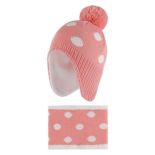 LACOFIA Baby Mädchen Wintermütze und Loop Schal Set Kleinkind Winter Warme Earflap Beanie Hut Kinder Fleece Futter Strickmützen und Schlauchschal Set Rosa 6-12 Monate S von LACOFIA