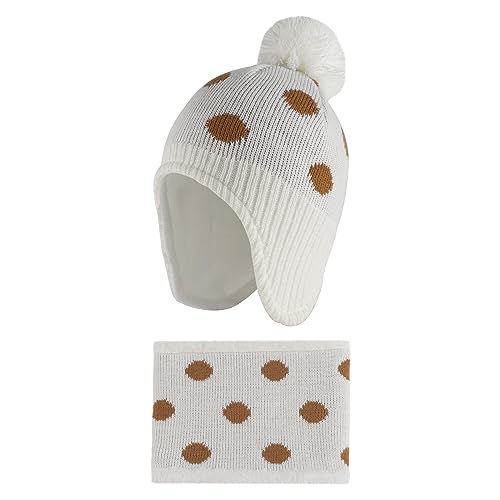 LACOFIA Baby Mädchen Wintermütze und Loop Schal Set Kleinkind Winter Warme Earflap Beanie Hut Kinder Fleece Futter Strickmützen und Schlauchschal Set Weiß 2-4 Jahre L von LACOFIA