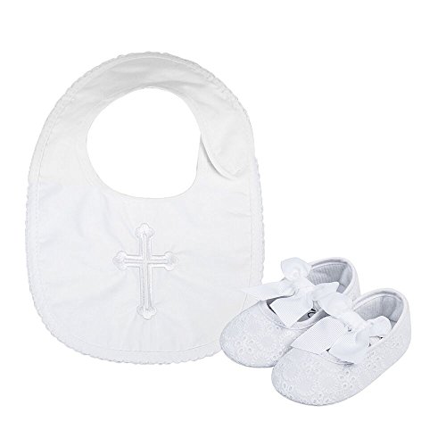 LACOFIA Baby Mädchen rutschfest Weiche Sohle Bowknot weiß Taufe Schuhe mit Bestickten Kreuz Taufe Lätzchen 12-18 Monate von LACOFIA