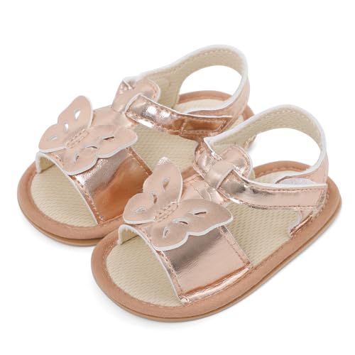 LACOFIA Baby Sandalen Mädchen Atmungsaktive Sommer Babyschuhe Rutschfester Weicher Sohle Krabbelschuhe Schmetterling Gold 6-12 Monate von LACOFIA
