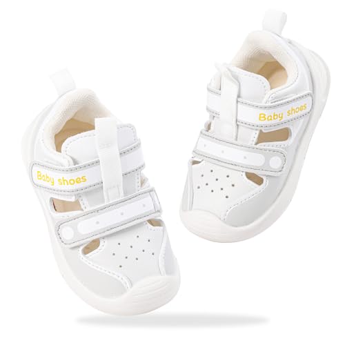 LACOFIA Baby Sandalen Mädchen Jungen Lauflernschuhe Atmungsaktive Erste Babyschuhe Sommer rutschfeste Lauflernsandalen mit Klettverschluss Hellgrau 17 EU(Etikett 15) von LACOFIA