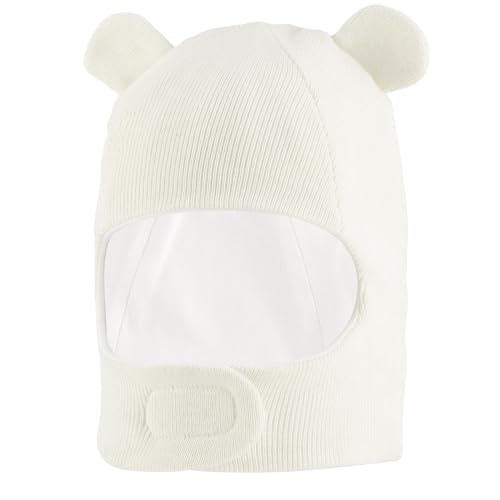 LACOFIA Baby Schalmütze Kleinkind Jungen Mädchen Schlupfmütze Kinder Warm Wintermütze Earflap Beanie Strickmütze Bär Hut mit 2 Öhrchen Weiß 1-2 Jahre M von LACOFIA