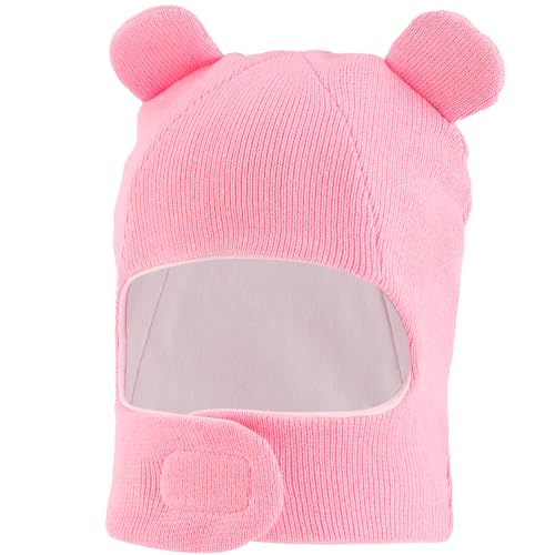 LACOFIA Baby Schalmütze Kleinkind Mädchen Schlupfmütze Kinder Warm Wintermütze Earflap Beanie Strickmütze Bär Hut mit 2 Öhrchen Rosa 6-12 Monate S von LACOFIA