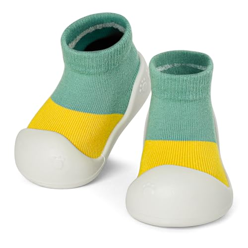 LACOFIA Baby Socken Schuhe Baby Jungen Mädchen Hausschuhe Socken Krabbelschuhe Lauflernschuhe mit rutschfeste Gummisohle Grün+Gelb 6-9 Monate von LACOFIA
