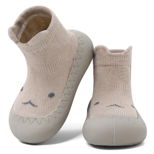 LACOFIA Baby Sockenschuhe Kleinkind Mädchen Jungen Schuhe Socken mit rutschfest Gummisohle Baby Lauflernschuhe Khaki 18-24 Monate von LACOFIA