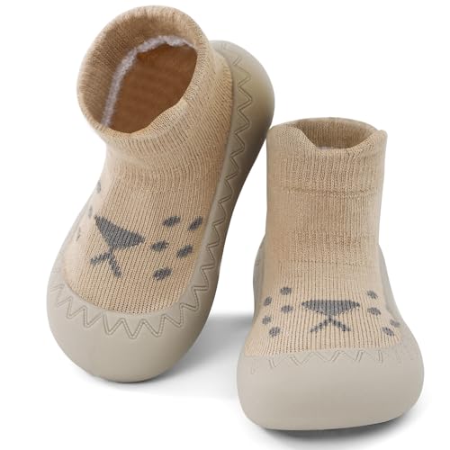 LACOFIA Baby Sockenschuhe Kleinkind Mädchen Jungen Schuhe Socken mit rutschfest Gummisohle Baby Lauflernschuhe Löwe Kaffee 6-12 Monate von LACOFIA