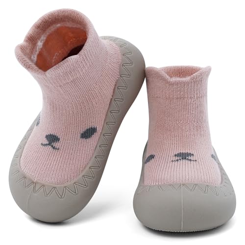 LACOFIA Baby Sockenschuhe Kleinkind Mädchen Schuhe Socken mit rutschfest Gummisohle Baby Lauflernschuhe Rosa 12-18 Monate von LACOFIA