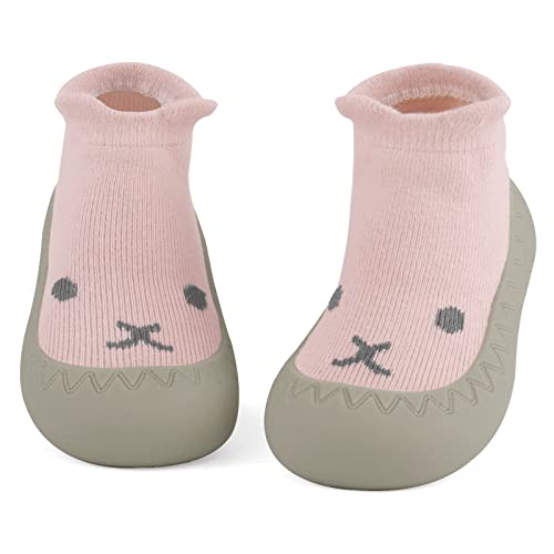 LACOFIA Baby Sockenschuhe Kleinkind Mädchen Stricken Hausschuhe Socken mit rutschfest Gummisohle Baby Lauflernschuhe Rosa Kaninchen 12-18 Monate von LACOFIA