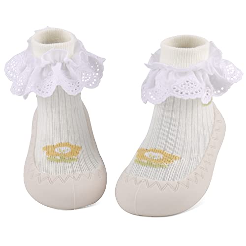 LACOFIA Baby Sockenschuhe Kleinkind Mädchen Stricken Hausschuhe Socken mit rutschfest Gummisohle Baby Lauflernschuhe Weiß Spitze 12-18 Monate von LACOFIA