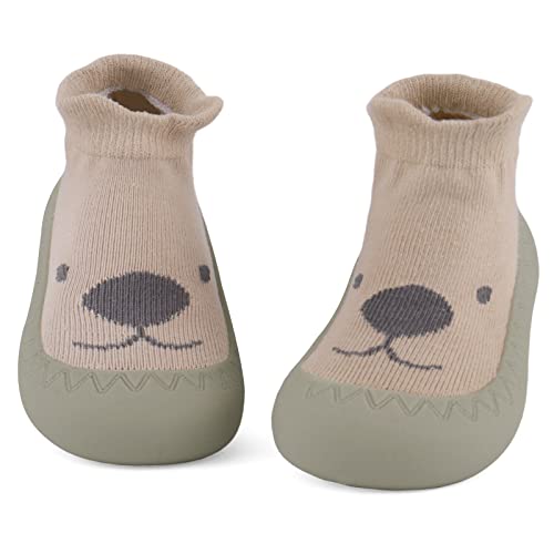 LACOFIA Baby Sockenschuhe Unisex Kleinkind Jungen Mädchen Stricken Hausschuhe Socken mit rutschfest Gummisohle Baby Lauflernschuhe Khaki Löwe 18-24 Monate von LACOFIA