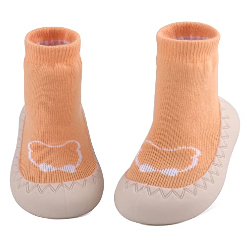 LACOFIA Baby Sockenschuhe Unisex Kleinkind Jungen Mädchen Stricken Hausschuhe Socken mit rutschfest Gummisohle Baby Lauflernschuhe Orange Bär 12-18 Monate von LACOFIA